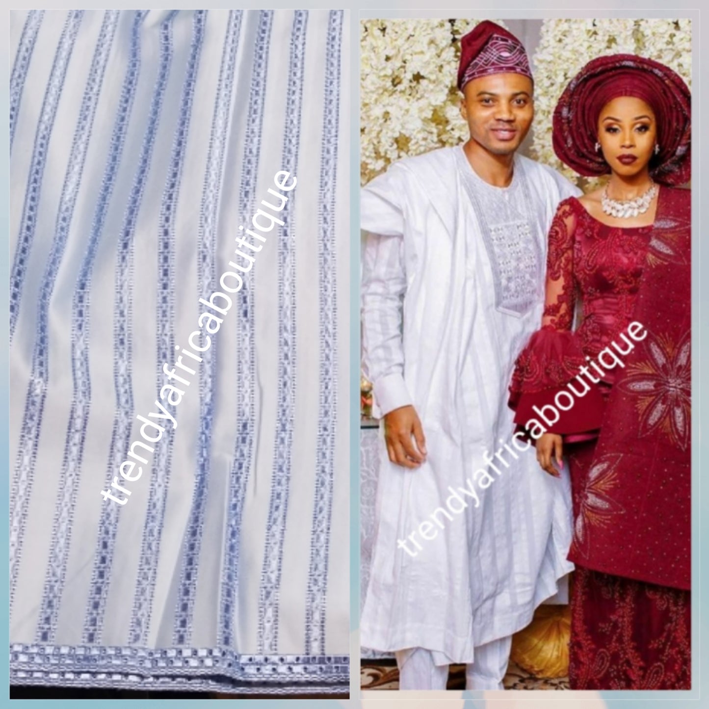 clearance Lustrous quality sky blue Atiku swiss voile lace fabric for Nigerian Men native outfit. Soft texture fabric with beautiful embriodery, Can be use for agbada/3pc outfit for men. Sold per 5yds. Price is for 5yds. Men traditionally wedding outfit