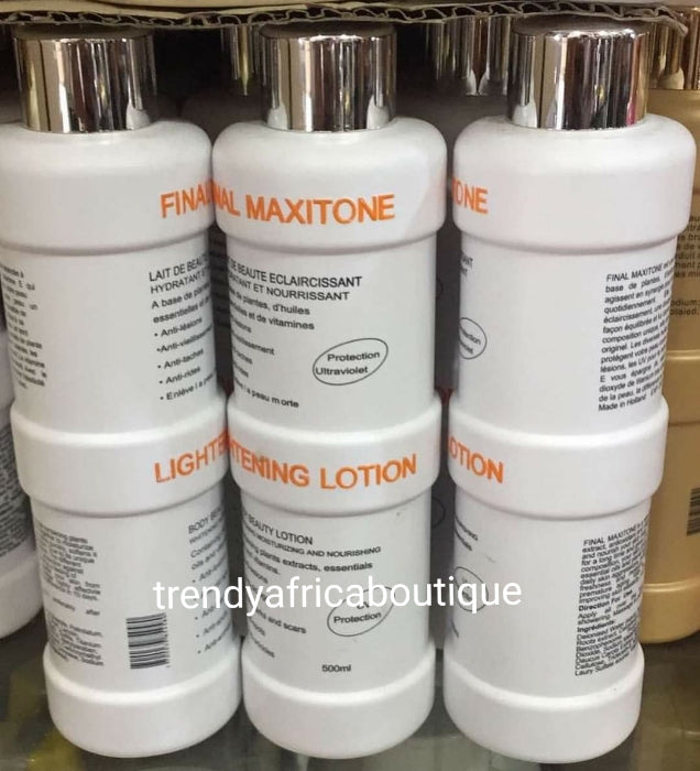 AUTHENTIC final Maxitone super lightening body lotion 500ml x 1 . formulated with natural ingredients, plant extracts and comes with UV PROTECTION! Anti ageing, anti marks, anti spots & wrinkles