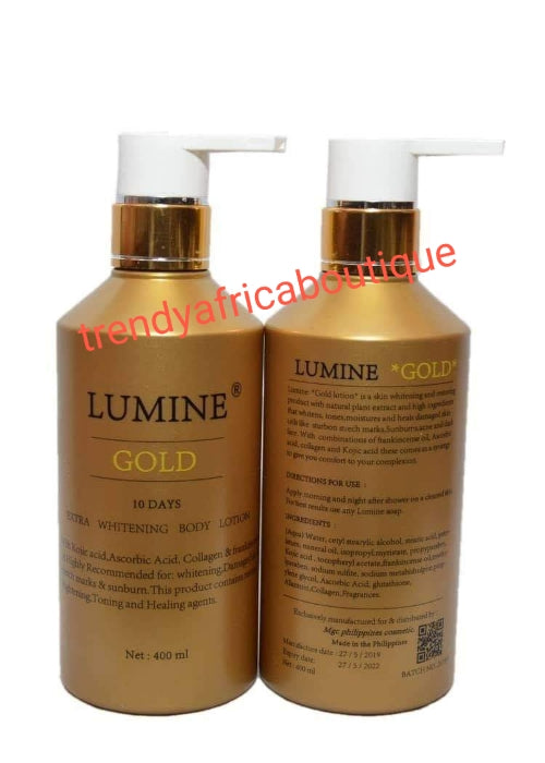 2pcs set: Lumine gold face and body lotion 400ml and one serum 50ml. Extra whitening with collagen, kojic acid. Tones and heal your skin with Spf 50. Firming and glowing