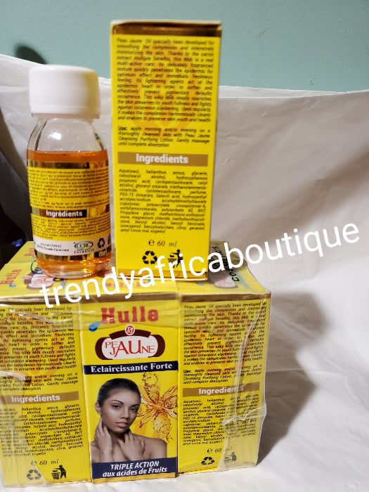 6 bottles Hot sale!! Peau Jaune triple action strong whitening oil. Anti stains and spots. 60ml each. Mix into your body lotion, soap or body scrub.