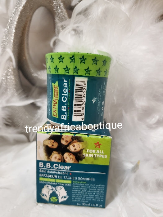 2pcs B.B. Clear AHA Unifying Serum/oil & BB CLEAR face cream. Super effective. Vit. C. Tough on removing Sturborn black spots from elbows, knees, inner thighs, armpits with exfoliating efficiency of fruity acids 30mlx1.