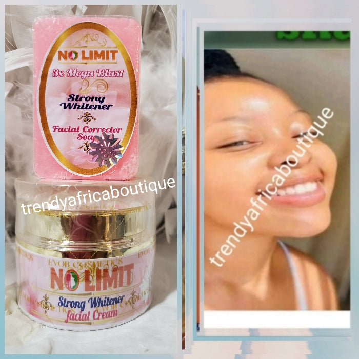 4pc combo: NO LIMIT sensitive lotion, New Strong 3x mega blast serum, face soap and 75g face cream jar. 100% response on darks spots, pimples and acne. 7 days Action.