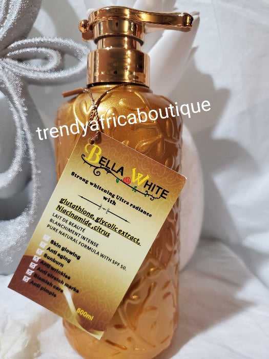 Bella white Gold bottle is Strong whitening ultra radiance with glutathione, glycolic extracts & Niacinamide body lotion spf 50. 500ml x 1