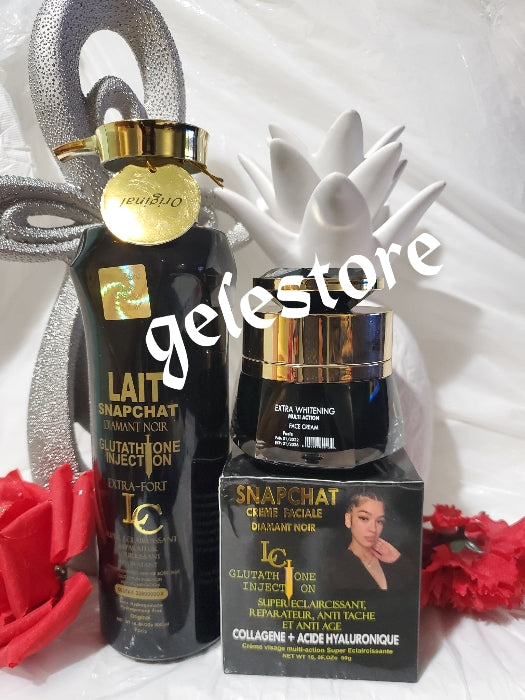 4pcs set: Lait Snapchat Black diamond body Lotion 500ml, soap 200g,Snap chat serum & face cream Beauty without filter. Extra Strong whitening milk with glutathion.