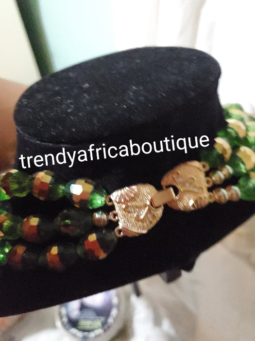 3 rows choker beaded-necklace, Earrings,& bracelets. Sold as a set. Bridal wedding accessories Green/gold accessories