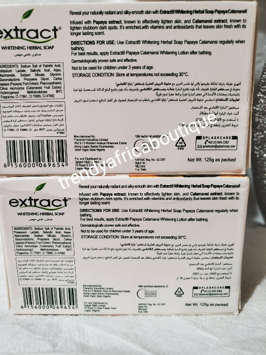 X 2 soap Nigeria EXTRACT SOAP for TOUGHER SKIN. 100% Original Extract whitening herbal soap with papaya Calamansi. Super glowing/clears pimples and sun burn. For mild to sensitive skin. We also have extracts body lotion. Price is for one