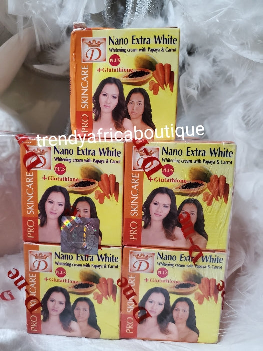 D-ne authentic Nano Extra white. Whitening face cream with papaya & carrot plus Glutathion 15gx1night facial treatment cream with Pomegranate extract with SPF 50. 15g. Clears scars, marks, sun burn on the face, breast etc