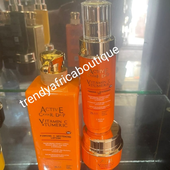 3pcs combo of Active Caviar with Vitamin C & tumeric skin firming, whitening and glowing body lotion, face cream & active caviar serum/oil for all skin types. Skin brightening & glowing