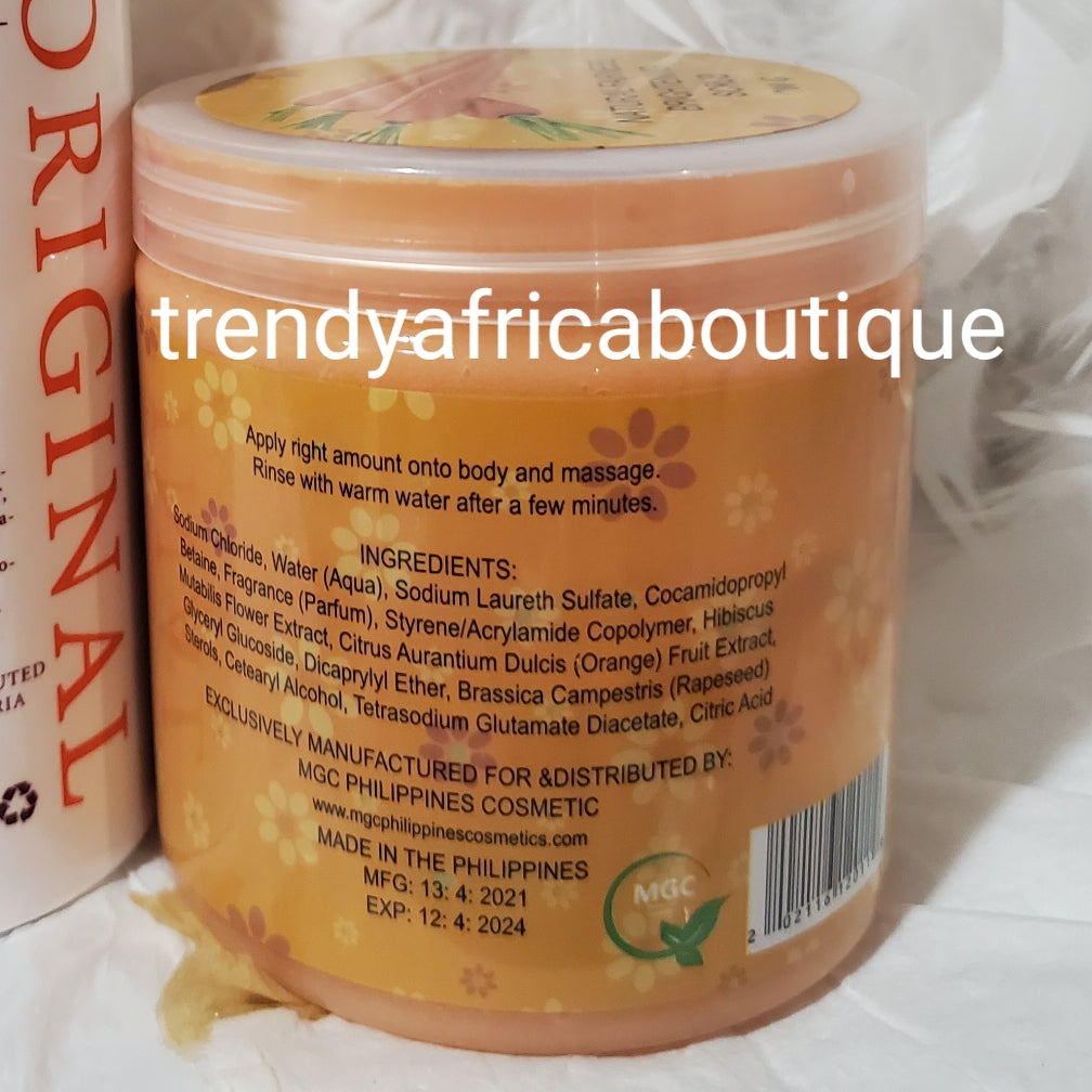 2pcs. Set; Lumine carrot body wash. Skin Brightening & purifying skin tone & Lumine carrot Exfoliating salt scrub natural fairness, brightening scrub