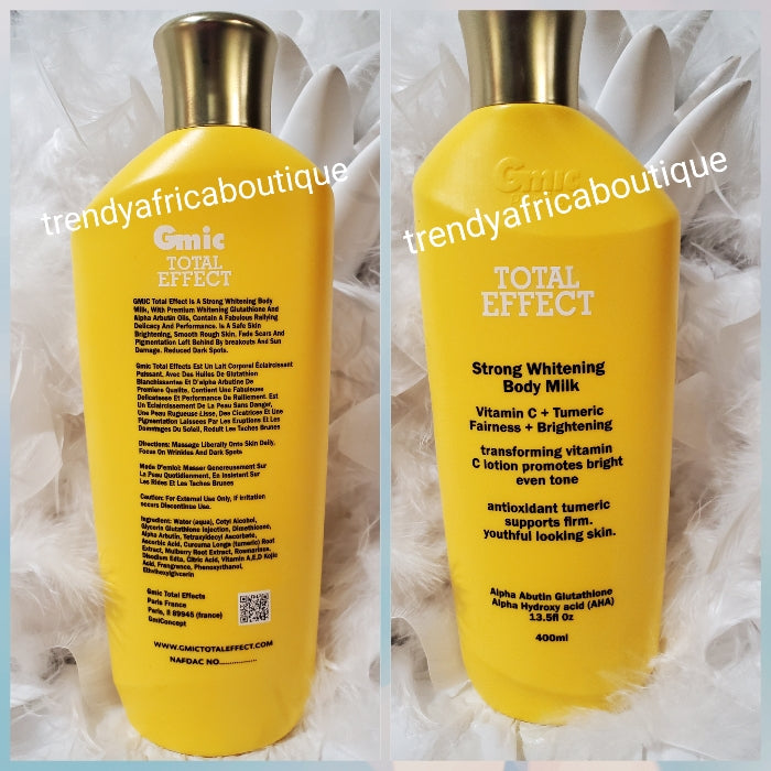 New product alert!!! GMIC PARIS TOTAL EFFECT strong whitening body milk. Vitamin C + turmeric fairness & brightening. Transforming vitamin C body lotion 400mlx 1 promotes bright even skin tone.