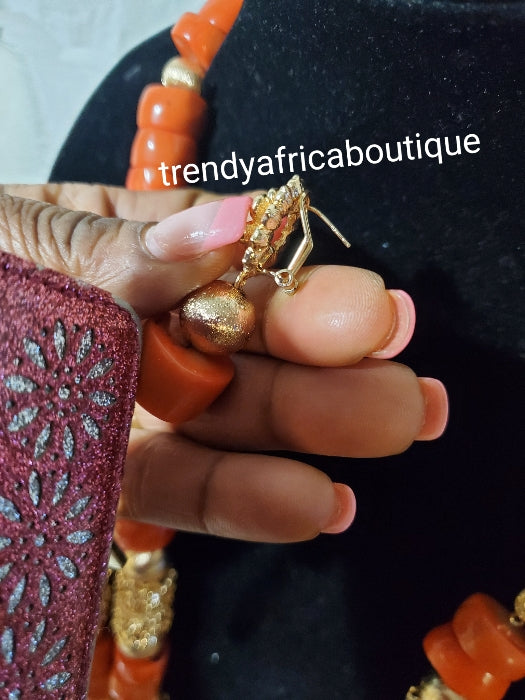 Edo coral-necklace set matching bracelets & earrings traditional Bridal wedding choker necklace & drop pendant, earrings and one Bracelets. Exclusive Nigerian Native bead Bridal-accessories