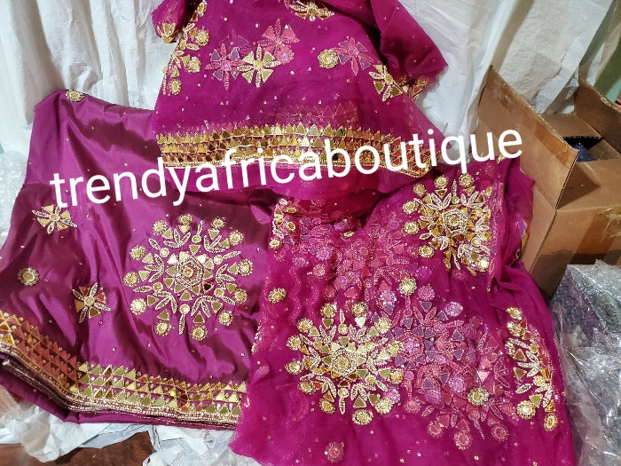 Magenta wrapper 2.5yds net + 2.5yds taffeta + matching net blouse, top quantity hand beaded and stoned to perfection.Nigerian/Igbo/Delta Traditional George magenta wrapper set.