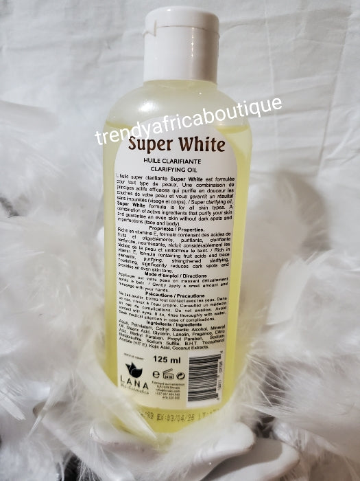 Lana Super White Clarifying body oil formulated with kojic acid, vit. E, Coconut oil for an even skin tone. 125ml x 1. Can mix into body lotion
