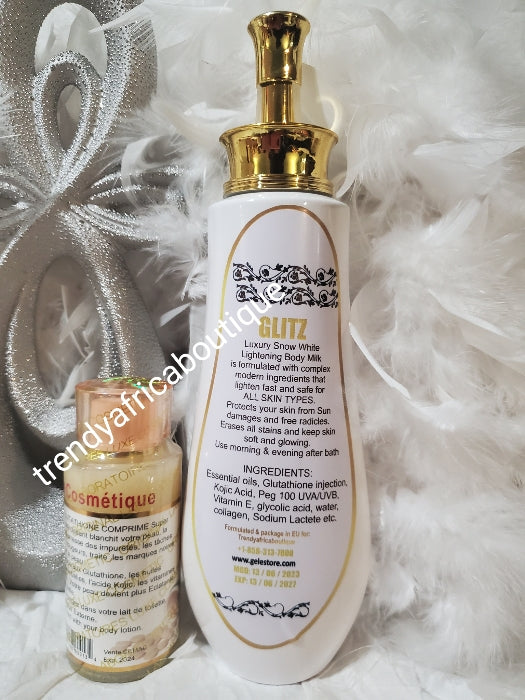 New product alert: 2pcs set; Glitz luxury SNOW WHITE body lotion super skin lightening & glowing milk with glutathione inj. Spf 40. PLUS Glutathion comprime concentre serum! FAST ACTION FLAWLESS MILKY WHITE COMPLEXION!!