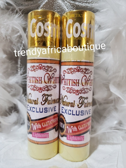 5Pcs set: New packaging EVOB whitish White exclusive Natural fairness body milk 250ml, whitish white strong serum, face cream, face soap & shower gel. Whitish White black shower gell. combo for a healthy flawless complexion