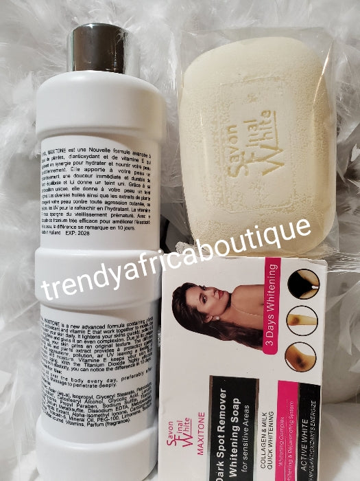 AUTHENTIC 2pcs set. Original final Maxitone lightening body lotion 500ml and dark spots remover soap 200gx 1 face cream and soap 200g. formulated with natural ingredients + plant extracts. You will be happy with your skin!