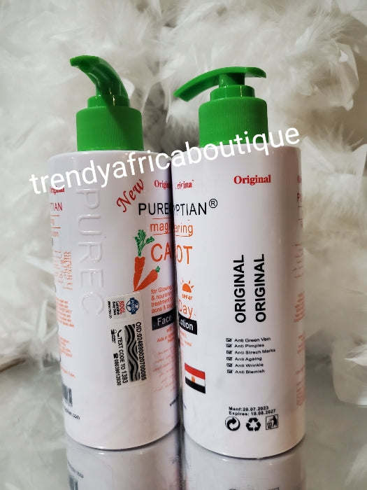 2pcs set lotion + soap. Original Purec Egyptian magic whitening carrot body lotion, carrot, tumeric & vit. C300ml. & purec carrot soap. Fast action lightening for face and body. Formulated with natural ingredients. Hydroquinone free!!