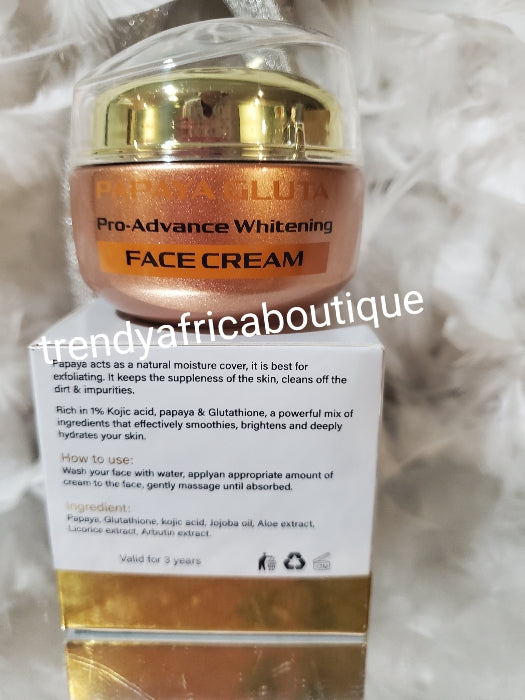 Papaya Gluta pro-advance whitening face cream. Rich in 1% kojic acid, papaya, glutathion, arbutin extracts. Anti wrinkles, face glowing, anti spots. 100gx1