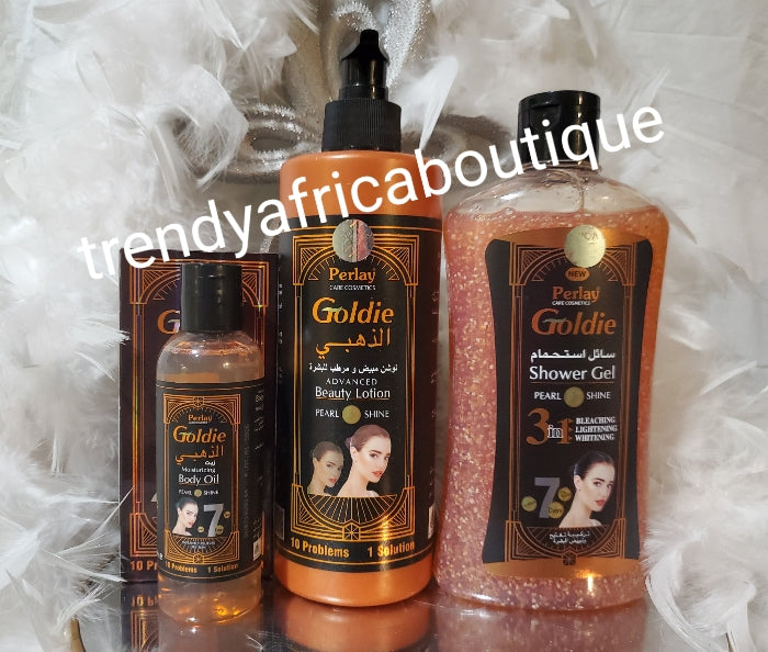 3pcs set:Perley goldie advance beauty body lotion, perley 3in1 shower gel & moisturizing body oil. Instantly relieves dry skin.