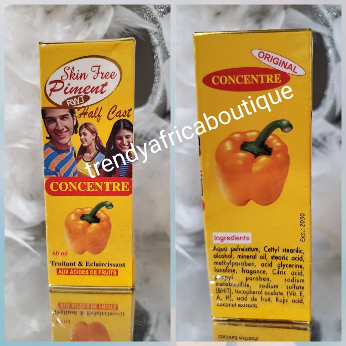 2pcs Banga: RWT serum Concentre (like piment doux serum) & Skin Free piment Half Cast oil 5 days fast action with vitamin B3. EXTREME WHITENING OIL 60ML X 1. Formulated argan extract, vit. A, B & E, GLUTATHION & ARBUTIN,