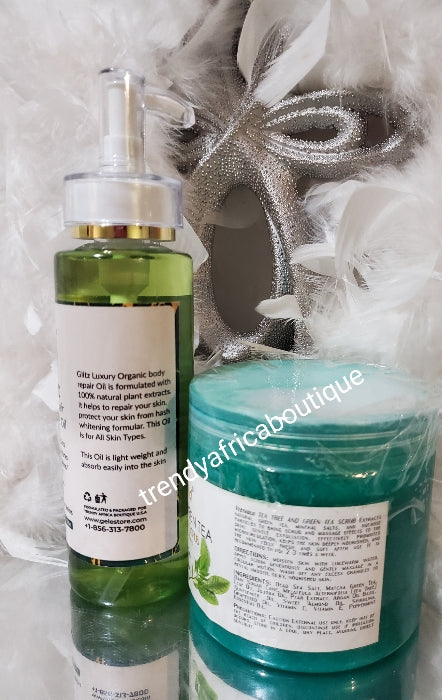 2pcs set. Glitzluxury body repair treatment oil anti white dots & more 250ml x 1 plus veetgold tea tree and green tea treatments scrub 500g x 1