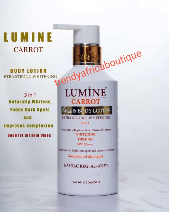 3pcs. Set: Lumine Carrot face and body lotion, shower gel and Lumine strong serum.Extra strong whitening 3 in 1 with glutathione, carrot extracts + tomato. Spf 50. Firming and glowing