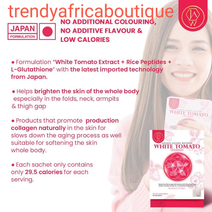 New product alert: Jaw White Tomato mix berries, rice peptides + L-Glutathion. New Japanese advance formula 10 sachet per packet. Clear and brightening skin suppliments. .
