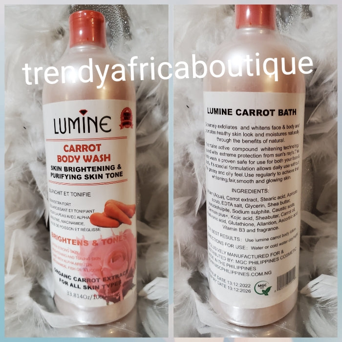 3 Stück. Set: Lumine Carrot Gesichts- und Körperlotion, Duschgel und Lumine Glowing Carrot Oil. Extra starke Aufhellung 3 in 1 mit Glutathion, Karottenextrakten + Tomate. Lichtschutzfaktor 50. Straffend und strahlend