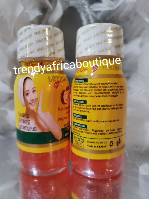 X2 Peau jaune lotion Tonique purifying face cleanser, triple action; Cleansing, anti spots, anti pimples. Enriched with vitamin E & essential oils & fruit acids 60m per bottle