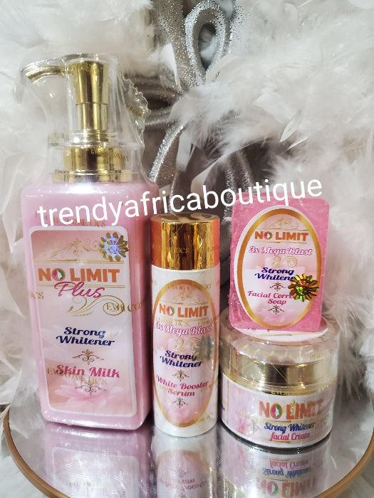 5pcs set of Original NO LIMIT PLUS Strong Whitener skin milk 500ml+ 3X Mega blast strong whitener white booster serum 60ml, + NO LIMIT Face cream + No Limit exfoliating shower cream. & 1 bar soap 100% response on dark spots and skin irregularities.