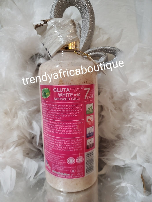 2pcs. Set:Veet Gold Gluta white X-10 plus extra whitening shower gel 1000ml & body lotion. 500ml. Glutathion, alpha Arbutin+ vitamin C. Visibly work to fade skin blemishes fee complimentary face cream