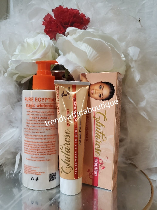 4pcs set: Pure Egyptian magic whitening face & body lotion with egg yolk & L-Glutathion, serum 50ml & face& body soap & Abebi gluta Rose cream Anti ageing, Anti stains and dark sports remover
