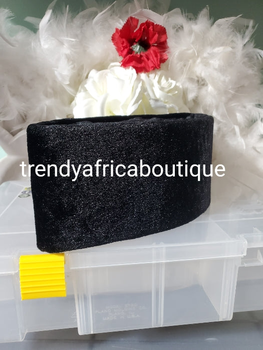 New Arrival BLACK Nigeria traditional men cap, front diamond Shaped Cap, Designed Sleek & stylish Cap (Aka Cap) for ceremonial dress. Soft suede texture Available in 3 sizes 22, 23, 24