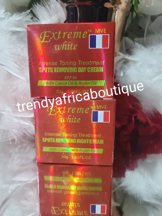 5pcs combo; Extreme white strong lightening body milk, soap, serum & intense toning treatment spots removing day & Night face cream with Carrot and argan oil 30g each jar.