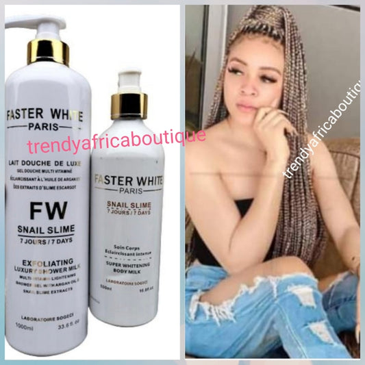 2pcs set: Faster White Paris with snail slime Body lotion & shower gel: fast whitening & Repair  body lotion for all skin type: flawless healthy complexion lotion is 500ml, shower gel 1000ml. hydroquinone FREE!!