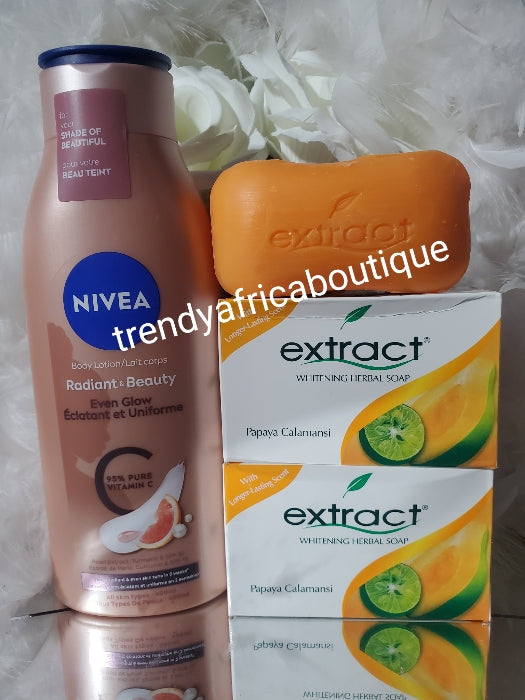 3pcs combo: 2 Extracts papaya Calamansi soap, 1 NIVEA Radiant beauty: Even Glow with 99% pure vitamin C. Visible Radiant and even skin tone in just 2 weeks. 400ml body lotion X 1 bottle sale. For all skin times.