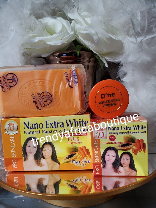 2 cream & one Nano soap: D-ne authentic Nano Extra white. Whitening face cream with papaya & carrot plus Glutathion 15gx1night facial treatment cream with Pomegranate extract with SPF 50. 15g. Clears scars, marks,  sun burn on the face