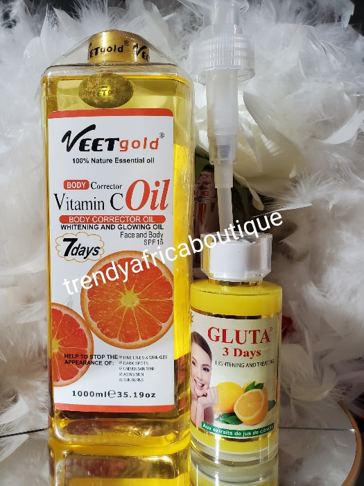 Pro-mix veetgold vitamin C oil for active whitening; VeetGold Vitamin C body corrector oil with pump 100% spf15  & Gluta 3 days lightening & treatment concentre serum.