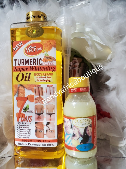 Pro-mix veetgold whitening tumeric face & body oil 1000ml with skin free beautifying milk concentre serum 100ml