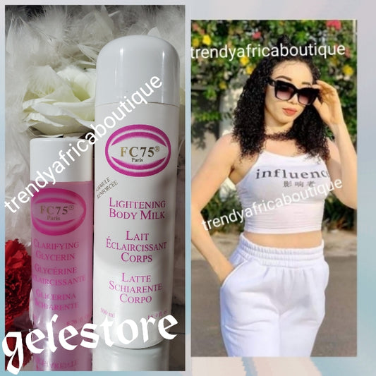 Another BANGA!! 2pcs Combo FC75 Paris 🔥👌👌👌 enforced WHITENING FRENCH formular smooth, silky, hydrating. CLEAN KNUCKLES, NO STRETCH MARKS!   HYDROQUINOUN FREE.  Top class whitening body LOTION 500ml  & clarifying glycerin 200ml,