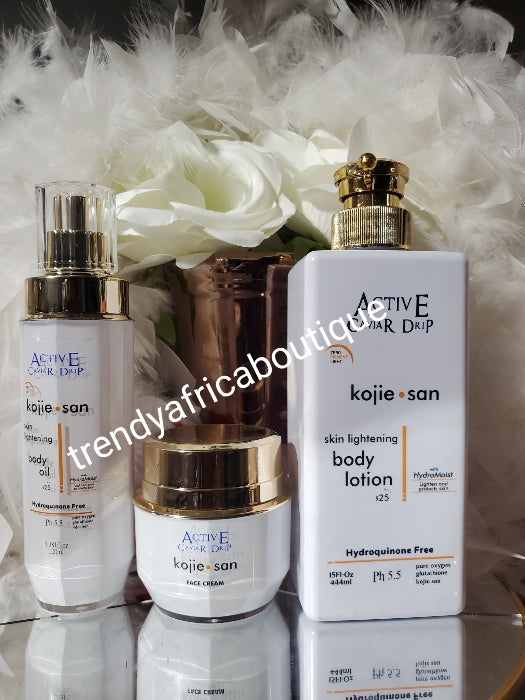 3pc. Active Caviar Drip kojie san. Skin lightening body lotion, face cream and oil FORMULA!! Spf15.anti stretch marks & age spot