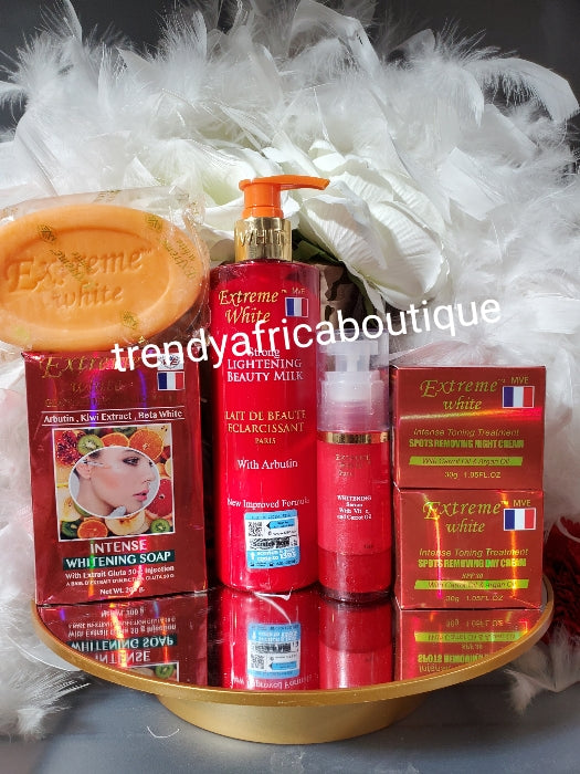 5pcs combo; Extreme white strong lightening body milk, soap, serum & i   Trendy Africa Boutique