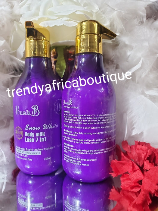New products alert: Hush B snow white body milk. Lush 7 in 1 300ml x 1 bottle. Whitening & anti spots. Moisturizing body lotion 👌👌