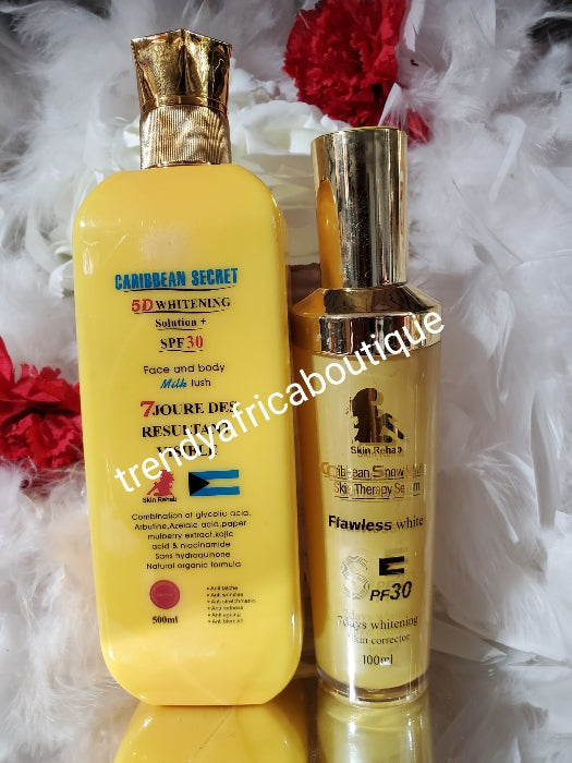 3pcs. Caribbean secret 5D whitening solution with spf 30, body lotion. Caribbean snow white Serum and snow white face cream. 7days skin rehab 500ml x1. NATURAL ORGANIC FORMULA