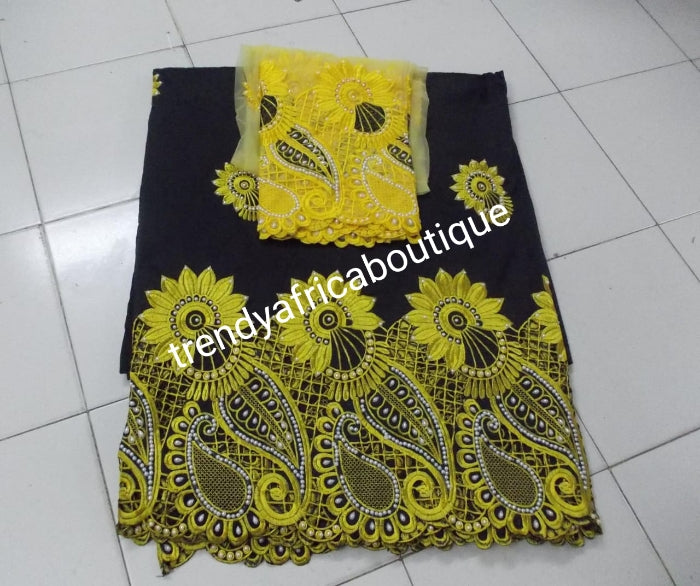 New arrival: 5yrds blackyellow quality embriodered taffeta stoned George wrapper + 2 yds. matching net for making blouse combination. Nigerian traditional wedding Quality Indian-George. 5yds wrapper + 1.8yds net.Aso-ebi discount available) (Copy)
