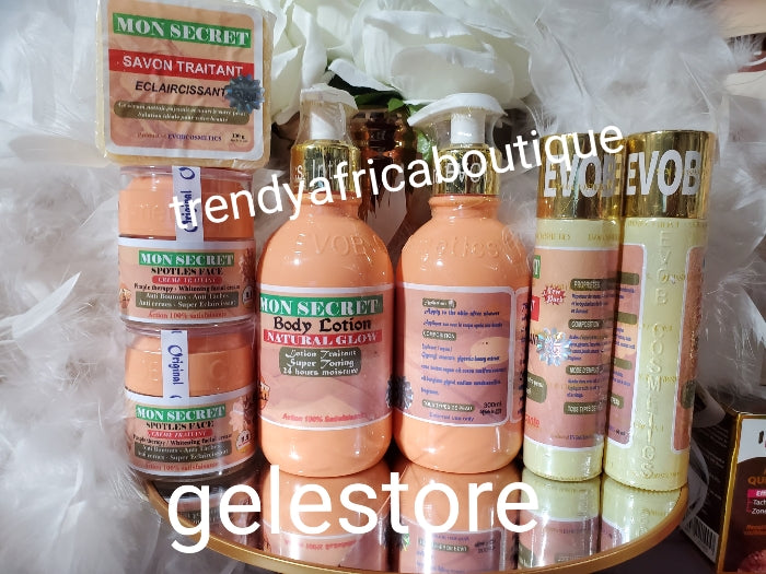 Combo deal: ORIGINAL: 7 pcs set: Mon secret fast action Eclaircissant, whitening, brightening & glowing combo set. Anti black stains and marks. Body Lotion 300ml x 2, serum 60mlx 2, face cream 50g x2,& one soap