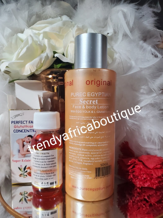 2pca. Perfect combo: Original Purec Egyptian secret GOLD body lotion & Perfect face concentre Glutathion oil. Clear park spot and unify you comption👌
