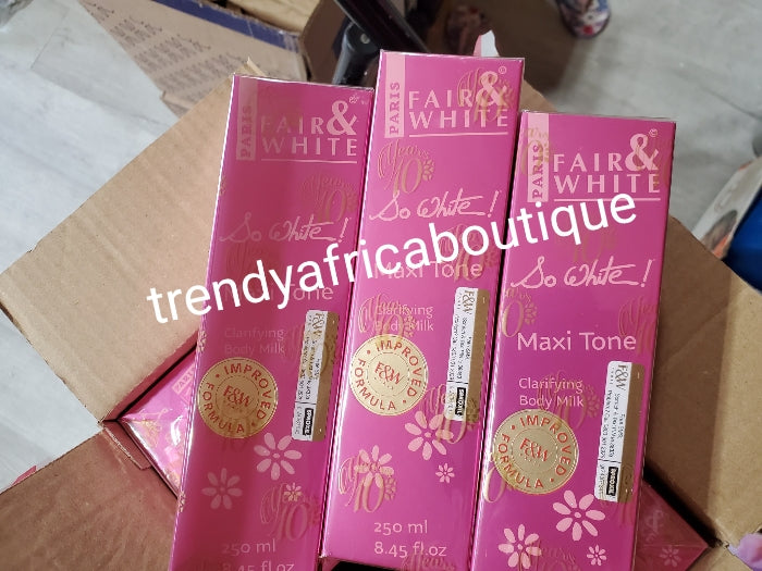 Back in stock: Fair & White so white Maxi tone Clarifying body milk 250ml x 1 bottle. 💯 AUTHENTIC body lotion direct from manufacturer. 💯 Satisfaction