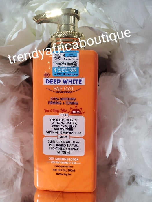 Another Banga!!! Deep White half-cast face & body lotion. Extra whitening, firming & Toning face & body lotion. spf 50. Visible results in 7 days. Fades stretch marks
