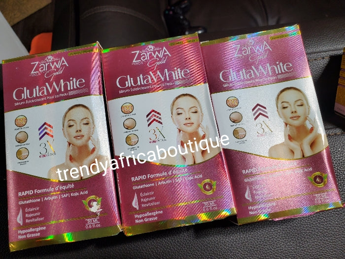 Another banga serum: Zarwa gluta white lightening/whitening serum with Glutathion, Arbutin, kojic. Rapid action formula for ALL SKIN TYPES 50ml x. Anti sun burn, wrinkles, dark spots & scars. Face & body. Use only at night